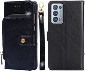 Voor OPPO Reno6 Pro + 5G Rits Tas PU + TPU Horizontale Flip Lederen Case met Houder & Kaartsleuf & Portemonnee & Lanyard (Zwart)