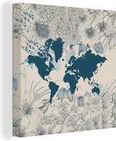 Canvas Wereldkaart - 50x50 - Wanddecoratie Wereldkaart - Bloem - Blauw