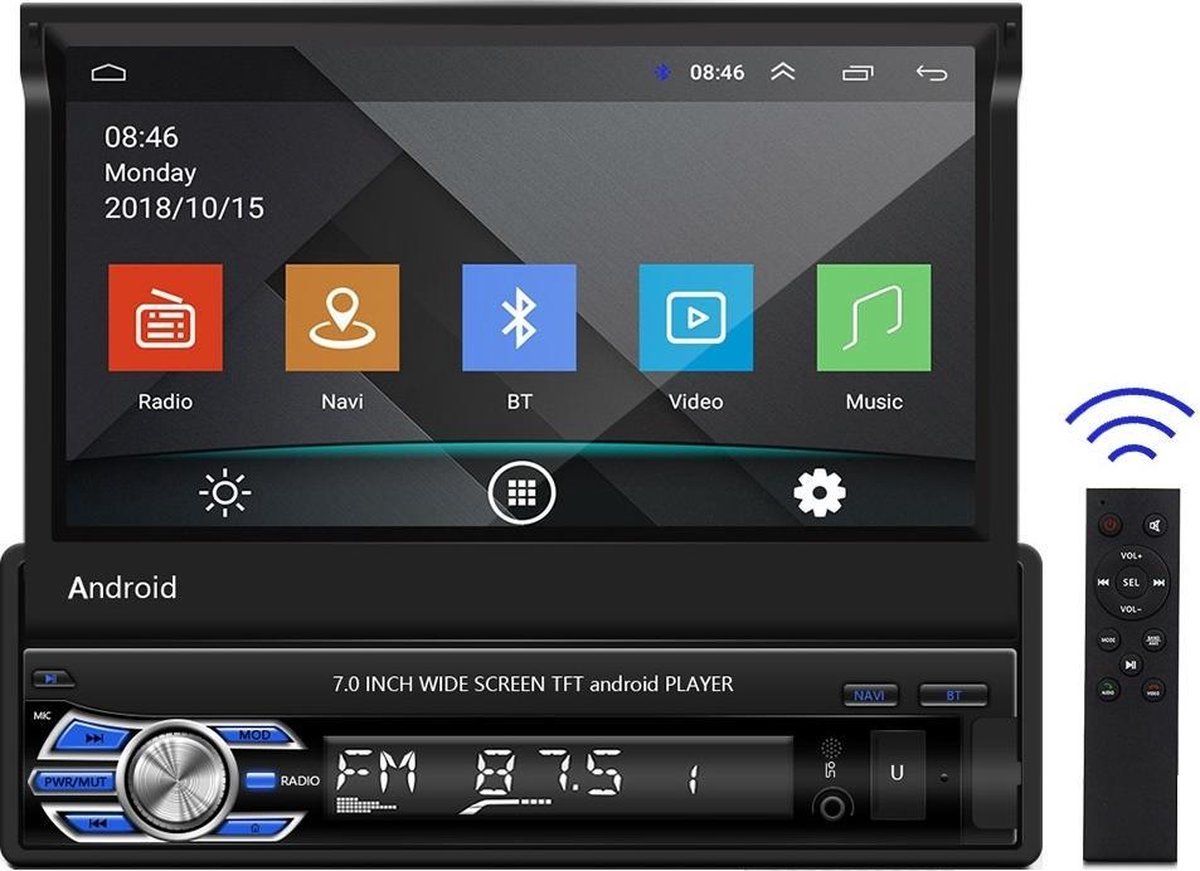 TechU™ Autoradio T118 – 7.0 inch Touchscreen Monitor – 1 Din met Afstandsbediening – FM radio – Bluetooth & Wifi – AUX – USB – SD – Handsfree bellen – GPS Navigatie – Android 10.1 – 1+16G