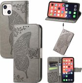 Butterfly Love Flower reliëf horizontale flip lederen tas met beugel / kaartsleuf / portemonnee / lanyard voor iPhone 13 (grijs)