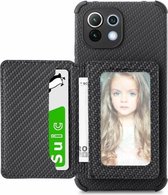 Voor Geschikt voor Xiaomi Mi 11 Lite Koolstofvezel Magnetische Kaart Tas TPU + PU Schokbestendig Achterkant Case met Houder & Kaartsleuf & Fotolijst (Zwart)