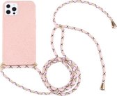 Tarwestro-materiaal + TPU-schokbestendig hoesje met nekkoord voor iPhone 13 Pro Max (roze)