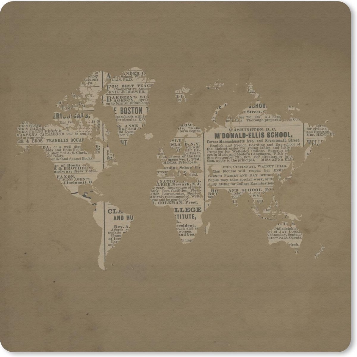 Muismat 30x30 cm - Mousepad Wereldkaart - Bruin - Krant - Muismatten
