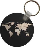 Sleutelhanger - Wereldkaart - Zwart - Beige - Plastic - Rond - Uitdeelcadeautjes