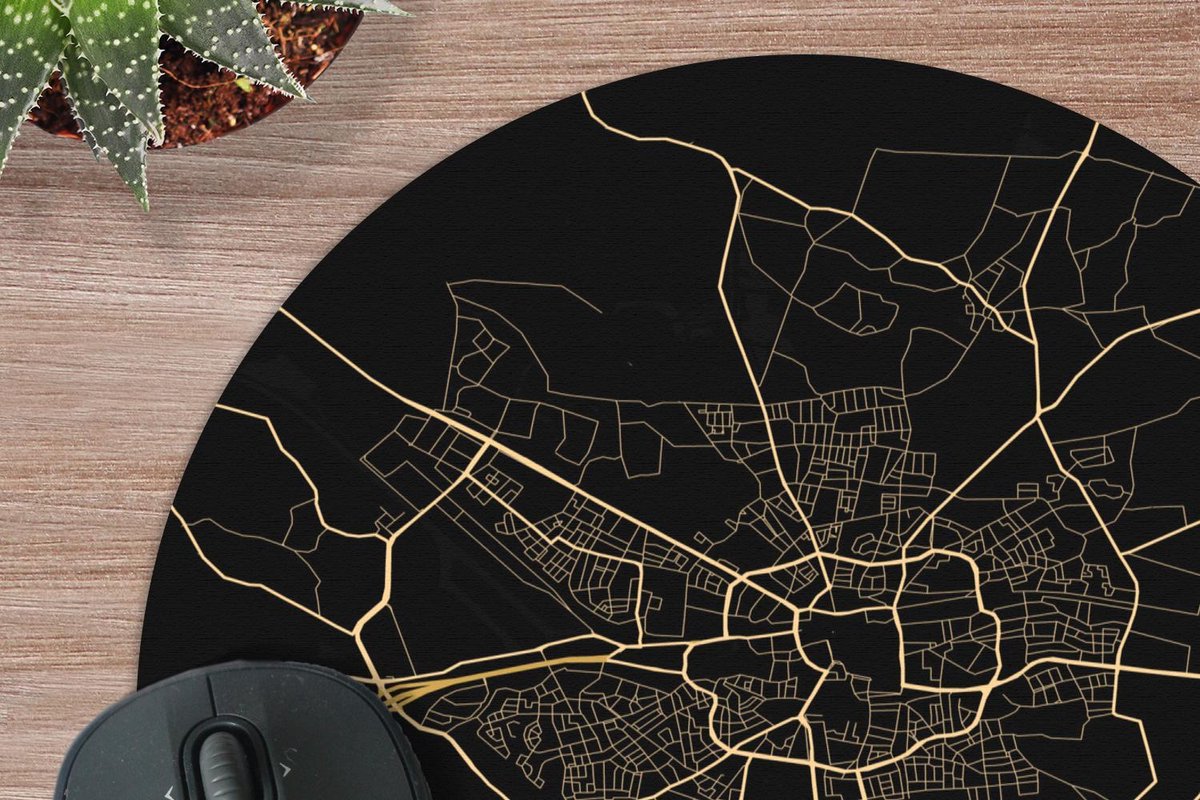 Muismat rond 30x30 cm - Mousepad Kaart - Enschede - Goud - Zwart - Ronde muismatten