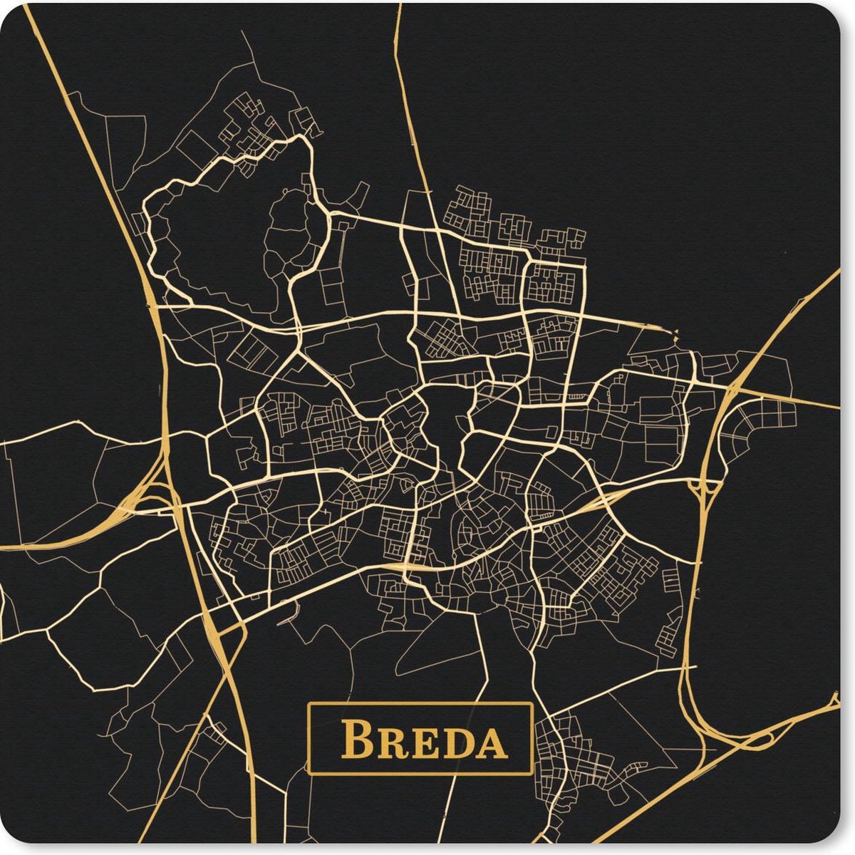 Muismat 20x20 cm - Mousepad Kaart - Breda - Goud - Zwart - Muismatten