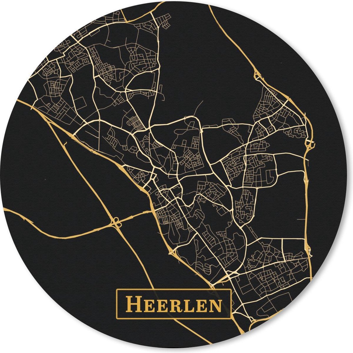 Muismat - Mousepad - Rond - Kaart - Heerlen - Goud - Zwart - 20x20 cm - Ronde muismat
