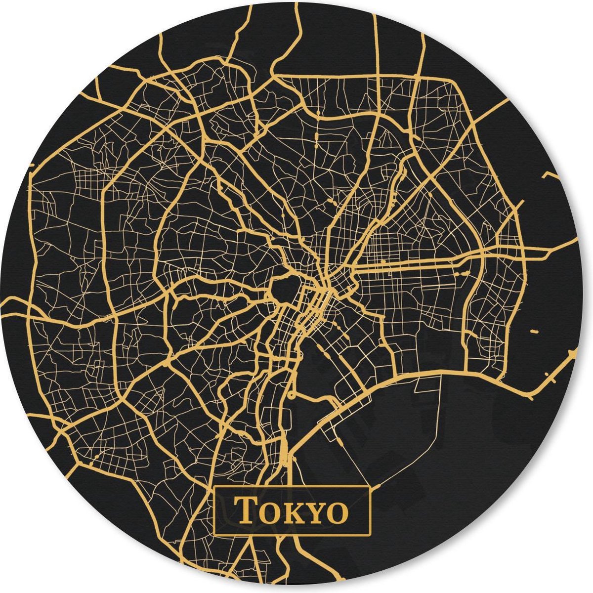 Muismat - Mousepad - Rond - Kaart - Tokyo - Goud - Zwart - 20x20 cm - Ronde muismat