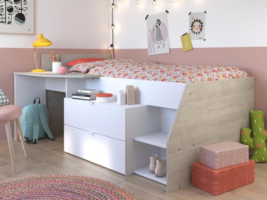 Product: Mobistoxx Halfhoog bed Mickey, gecombineerd bed met bureau en lades, grijs wit, 90x200, van het merk Mobistoxx