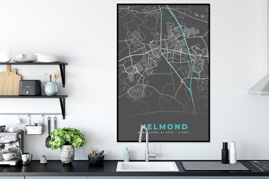 Poster in lijst - Fotolijst 80x120 cm - Posters - Plattegrond - Helmond - Grijs - Blauw - Posterlijst zwart - Decoratie - Wanddecoratie woonkamer - Muurdecoratie slaapkamer