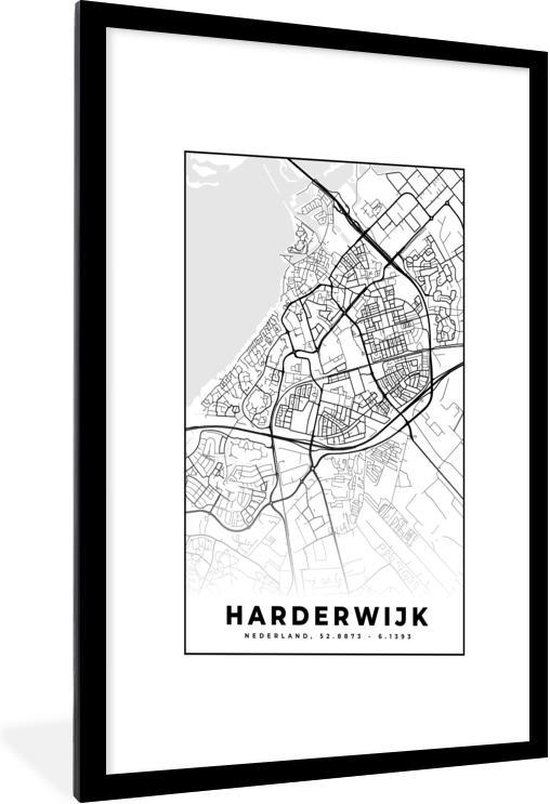 Fotolijst incl. Poster - Kaart - Harderwijk - Zwart - Wit - 60x90 cm - Posterlijst
