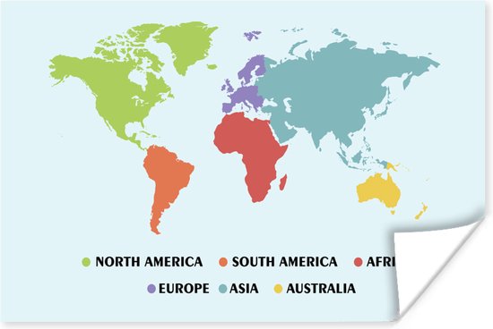 Wereldkaart met verschillende kleuren op een lichtblauwe achtergrond Poster | Wereldkaart Poster 90x60 cm