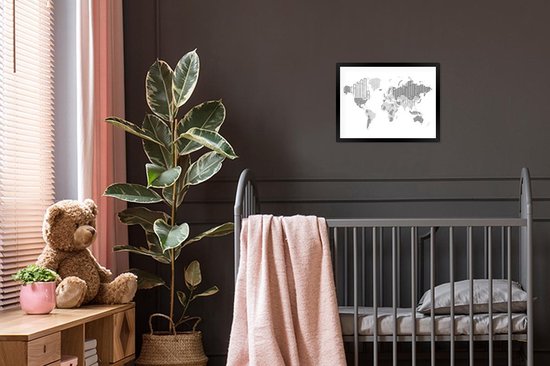 Affiche avec cadre Wereldkaart - Lettres - Grijs - 80x60 cm
