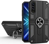 Voor Honor 9X Pro koolstofvezelpatroon pc + TPU-beschermhoes met ringhouder (zwart)