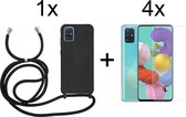 Samsung A51 Hoesje - Samsung Galaxy A51 hoesje met koord zwart siliconen case - 4x Samsung A51 screenprotector