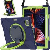Siliconen + pc-beschermhoes met houder en schouderriem voor iPad Pro 12.9 2021 (marineblauw + limoen)