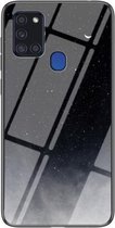 Voor Samsung Galaxy A21s Sterrenhemel Geschilderd Gehard Glas TPU Schokbestendig Beschermhoes (Star Crescent Moon)