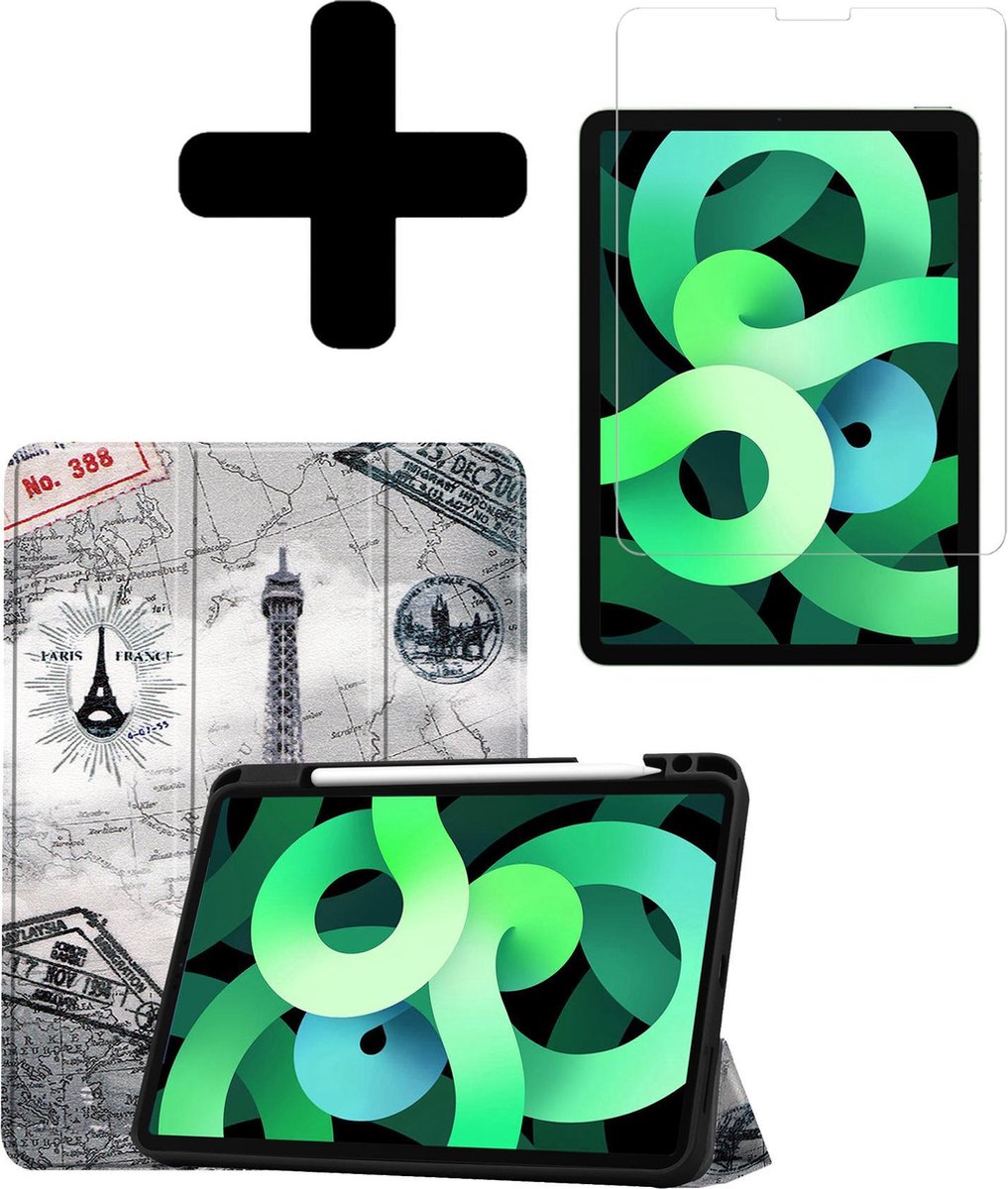 Hoes - Geschikt voor Apple iPad Air 4 (2020) - 10.9 inch - 4e Generatie - Met Screenprotector - Trifold Bookcase - Hard Cover Case - Met Uitsparing Geschikt voor Apple Pencil - Hardcover Book - Tablet Hoesje - Eiffeltoren