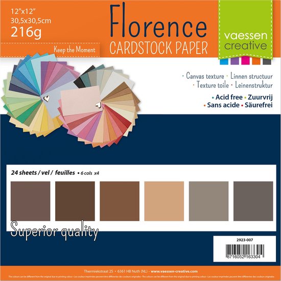 Verpakking van Vaessen Creative Florence cardstock papier, 12x12 inch, 216g. Met kleurenbalkjes en stapels papier in diverse tinten.