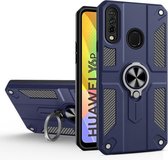 Voor Huawei Y6p koolstofvezelpatroon pc + TPU-beschermhoes met ringhouder (saffierblauw)