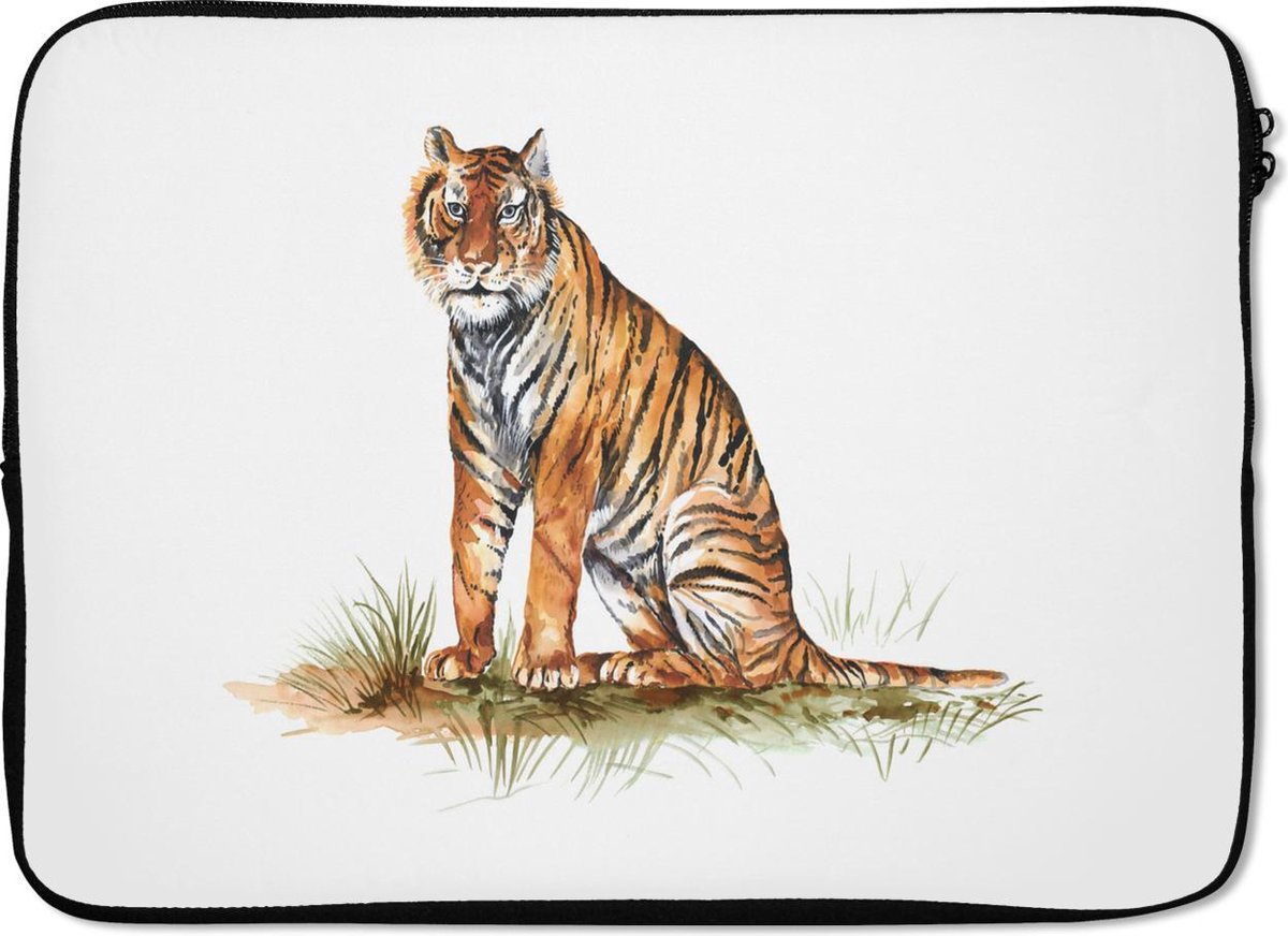 Laptophoes 14 inch - Tijger - Gras - Oranje - Laptop sleeve - Binnenmaat 33x23 cm - Zwarte achterkant