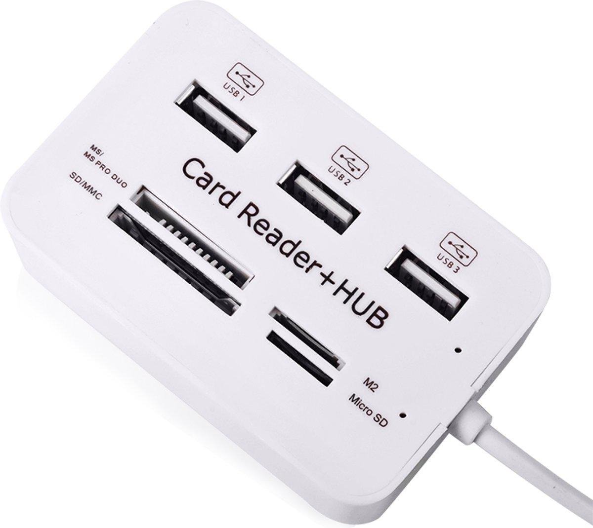 Multi USB 2.0 Hub Splitter & Geheugenkaartlezer - 3 Poorts Verdeler Met Memory Card - MMC/TF/Micro SD Kaart Reader - Wit - AA Commerce
