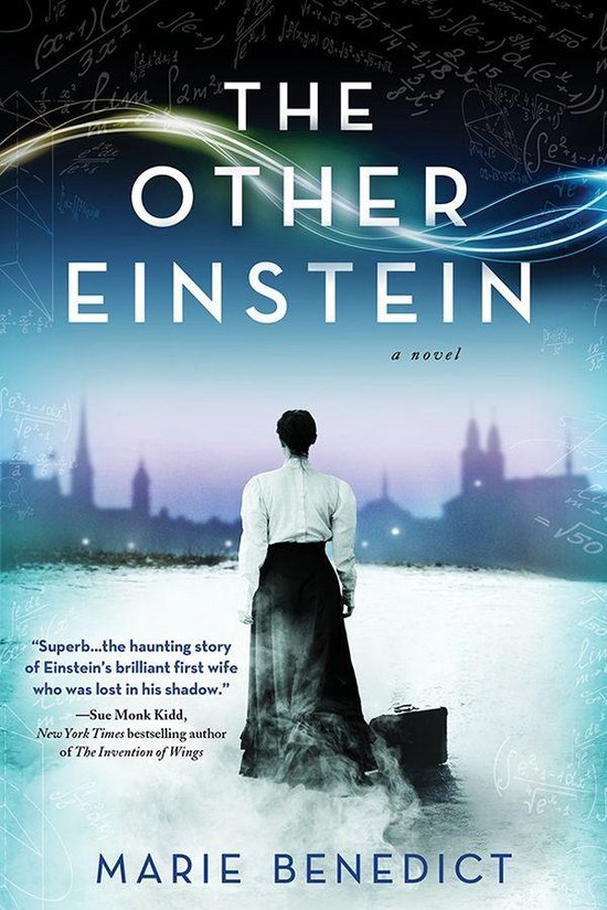 Boekkaft met de titel "The Other Einstein". Een vrouw in een witte blouse en zwarte rok staat met haar rug naar de kijker, kijkend naar een stad met spitse torens.
