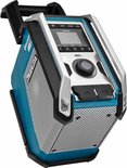 Makita radio op zijn kant, turquoise en zilver, met speakergrill, display en bedieningselementen.