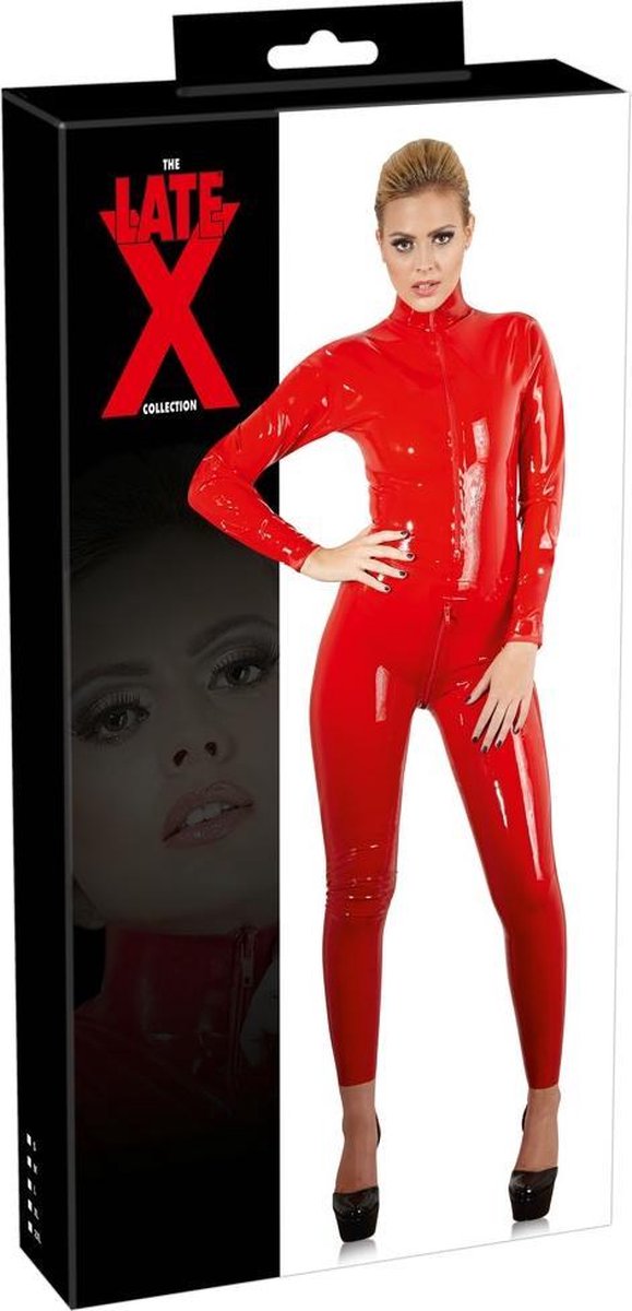 LateX – Erotische Bondage Catsuit met Rits Sluiting bij Borsten en Kruis Spanning Verzekerd Maat 2XL – Rood