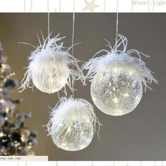 Mascagni - Glazen kerstbal met pluimage en LED-verlichting, diameter 15 cm  - 0X C985 | bol.com