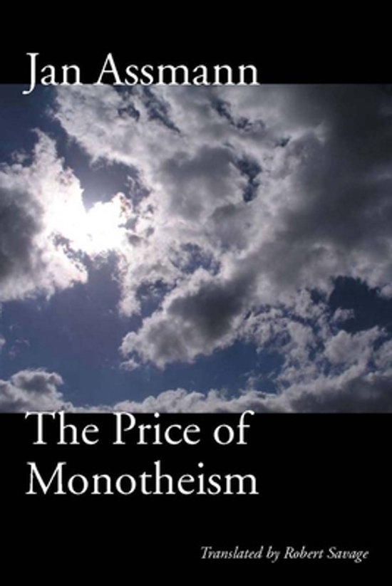 Boekcover met tekst 'Jan Assmann The Price of Monotheism' tegen een achtergrond van wolken en zonlicht.