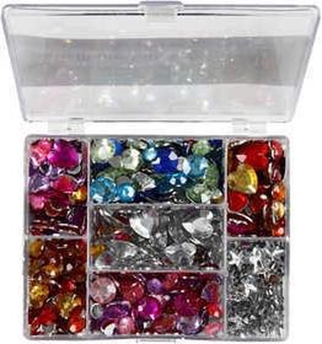 Afbeelding van product Strasstenen in display box, blauw,zilver,roze, rond, sterren, harten, 6+7+9+10+11+12+14+16 mm, 300 stuk, 1 doos