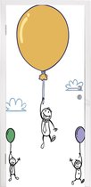 Deursticker Ballon illustratie - Een illustratie van drie poppetjes aan drie ballonnen - 95x235 cm - zelfklevende deurposter - bubbelvrij en herpositioneerbare deursticker
