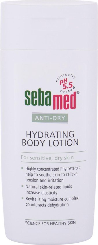 Witte fles Sebamed Anti-Dry Hydrating Body Lotion met groene en rode tekst. pH 5.5 getest.