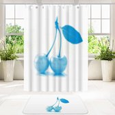 Su.B.dgn Designer Douchegordijnen Set 120x180 met Badkamer Vloer Mat 40x60 Polyester Waterproof Mat | Witte en Blauwe Kers