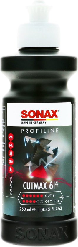 Zwarte fles Sonax Profiline Cutmax 614 polijstmiddel, 250 ml. Met rode en grijze graphics, een autosilhouet en witte dop.