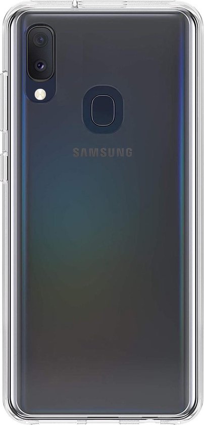 Achterkant van een Samsung smartphone in een transparante siliconen hoes.