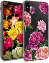 kwmobile telefoonhoesje voor Apple iPhone XS - Hoesje voor smartphone in paars / poederroze / transparant - Bloemen Mix Pioenrozen design