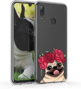 kwmobile telefoonhoesje voor Huawei P Smart (2019) - Hoesje voor smartphone in roze / beige / transparant - Mopshond met Bloemenkrans design