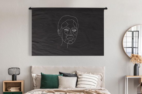 Wandkleed Line-art Vrouwengezicht - 16 - Line-art voorkant vrouwengezicht op een zwarte achtergrond Wandkleed katoen 180x120 cm - Wandtapijt met foto XXL / Groot formaat!