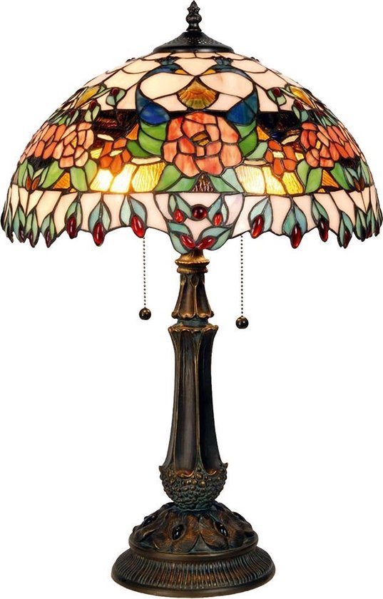 LumiLamp Lampe de table Tiffany Ø 41x67 cm Rouge Vert Verre Demi-cercle Rose Lampe de bureau Tiffany