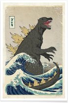 JUNIQE - Poster The Great Godzilla off Kanagawa -40x60 /Blauw & Geel