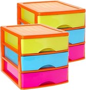 2x stuks ladeblok/bureau organizer met 3 lades multi-color/oranje - L35,5 x B27 x H26 - Opruimen/opbergen laatjes