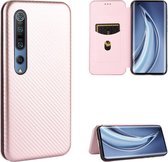 Voor xiaomi mi 10 5g koolstofvezel textuur magnetische horizontale flip tpu + pc + pu lederen tas met kaartsleuf (roze)