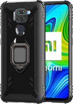 Voor Geschikt voor Xiaomi Redmi 10X / Note 9 koolstofvezel beschermhoes met 360 graden roterende ringhouder (zwart)