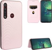 Voor Motorola Moto G8 Plus Koolstofvezel Textuur Magnetische Horizontale Flip TPU + PC + PU Leren Case met Touw & Kaartsleuf (Roze)