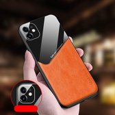 All-inclusive telefoonhoes van leer + organisch glas met metalen ijzeren plaat voor iPhone 12 Pro (oranje)