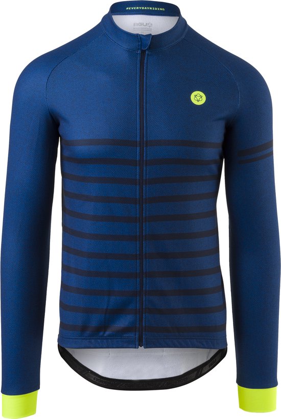 Blauw fietsshirt met lange mouwen, horizontale donkerblauwe strepen en een geel logo op de borst.