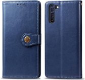 Voor OPPO Reno3 Een effen kleur lederen gesp telefoonhoes met lanyard & fotolijst & kaartsleuf & portemonnee & standaardfunctie (blauw)