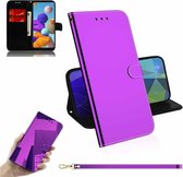 Voor Samsung Galaxy A21s GeÃ¯miteerd Spiegeloppervlak Horizontale Flip Leren Case met Houder & Kaartsleuven & Portemonnee & Lanyard (Paars)